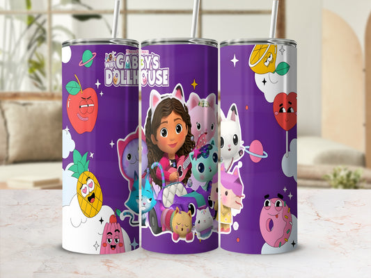 Gabby's Dollhouse design on three tumblers featuring Gabby and cat characters.