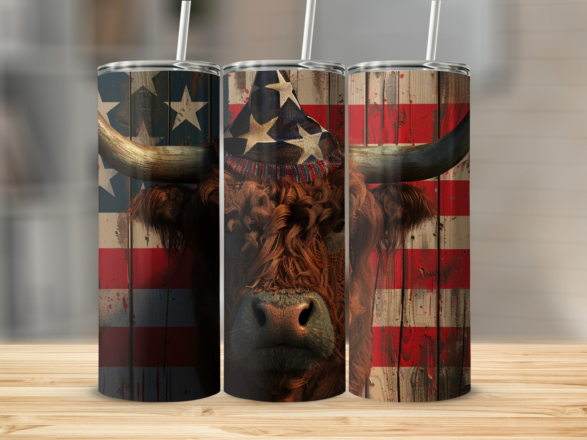 Highland cow wearing an American flag hat on a patterned tumbler.