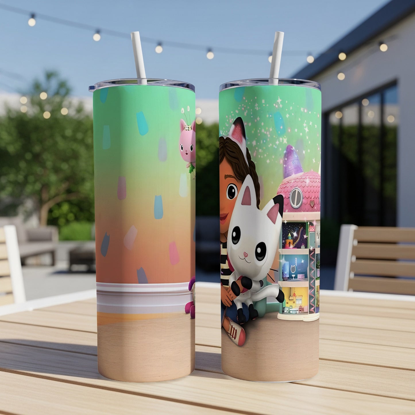 Gabby's Dollhouse characters on a colorful tumbler with a pastel background.