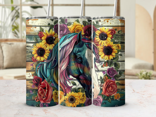 Triptych of tumblers featuring a horse with a colorful mane and sunflowers.