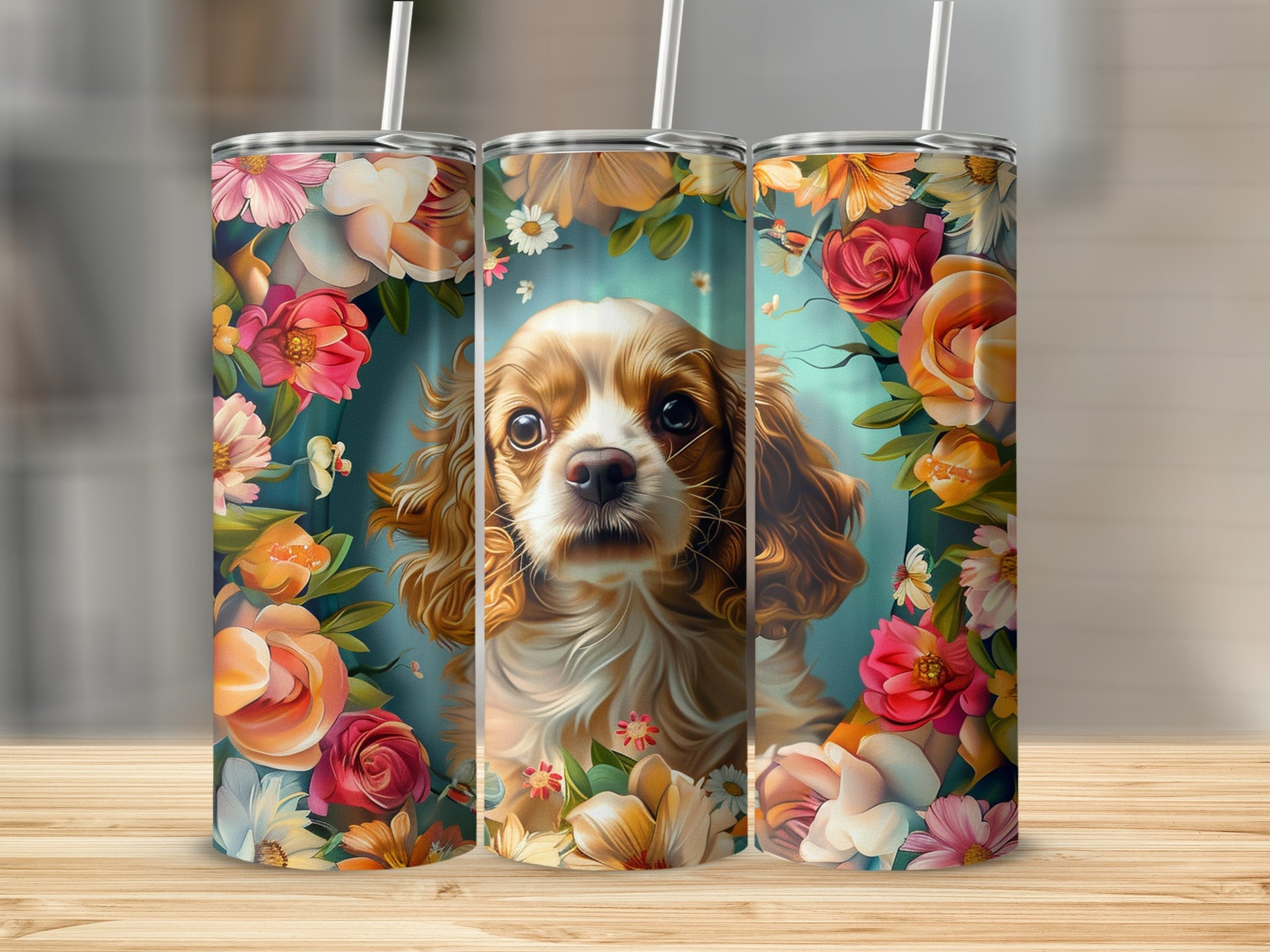 Three tumblers featuring a dog surrounded by colorful flowers.