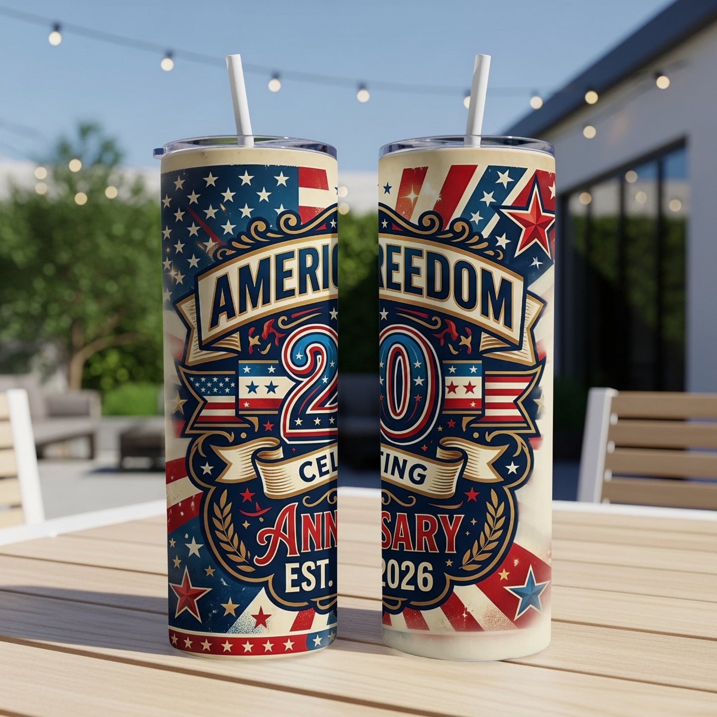 Two patriotic tumblers celebrating American freedom, 20th anniversary, 2006-2026.