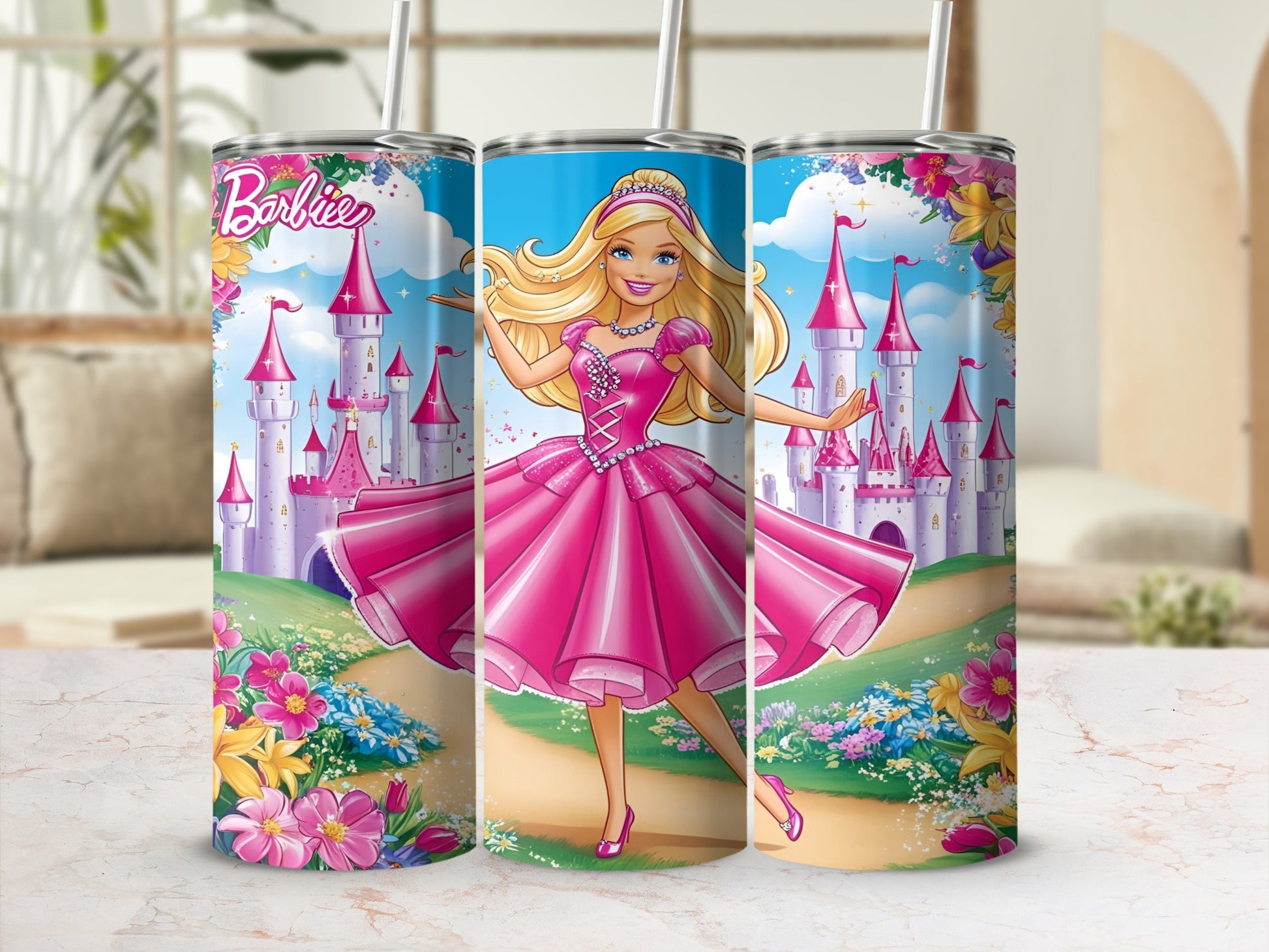 Barbie in a pink dress in front of a castle with flowers.