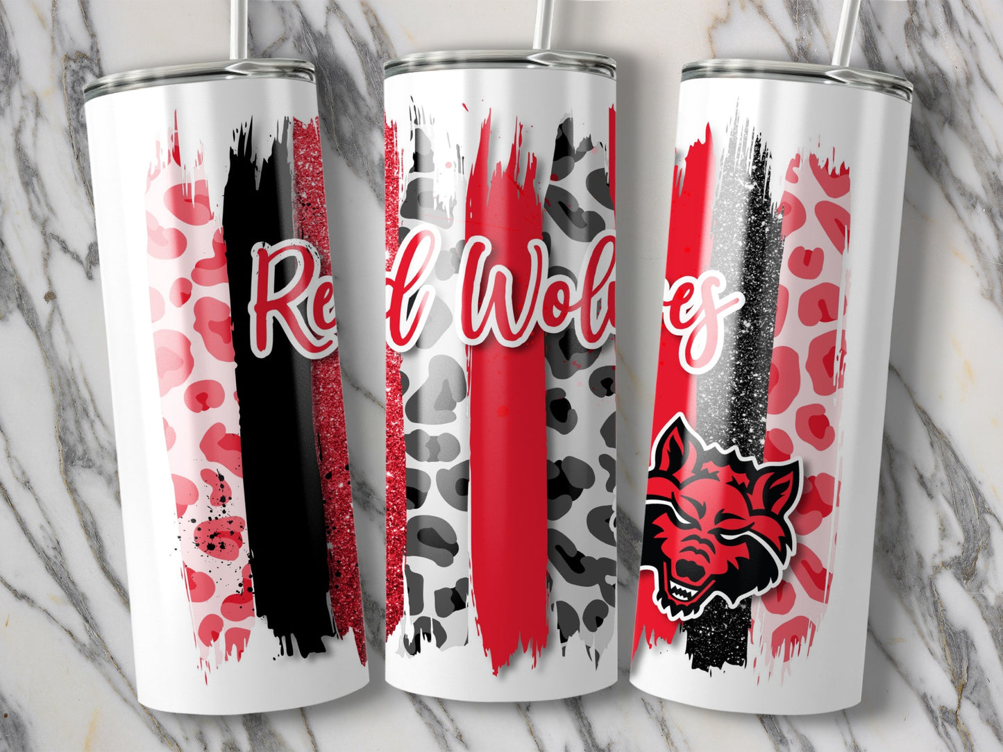 Red Wolves Brush Strokes Leopard Glitter Design Tumblers
