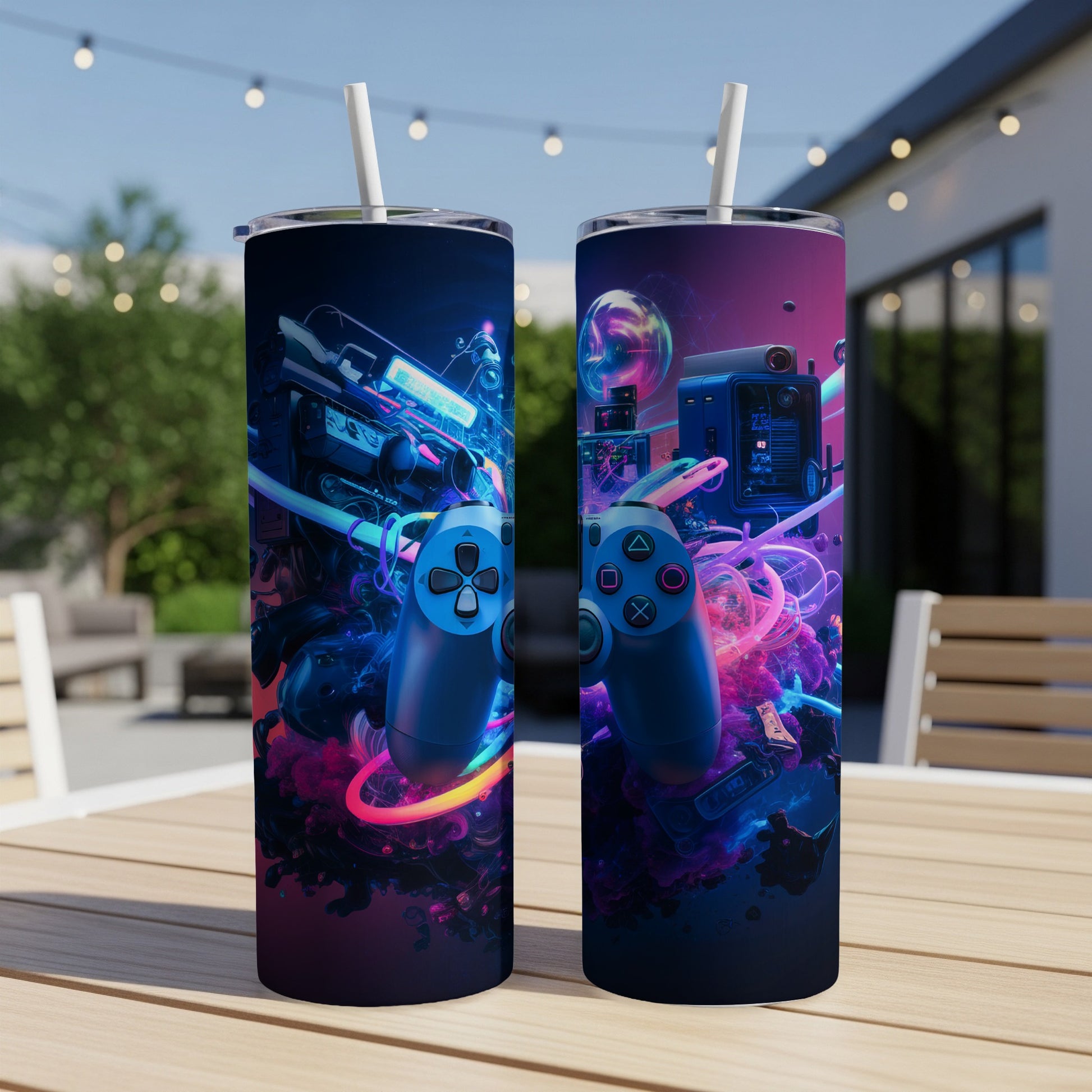 Two gaming controllers and technology pieces with neon lights on tumblers.