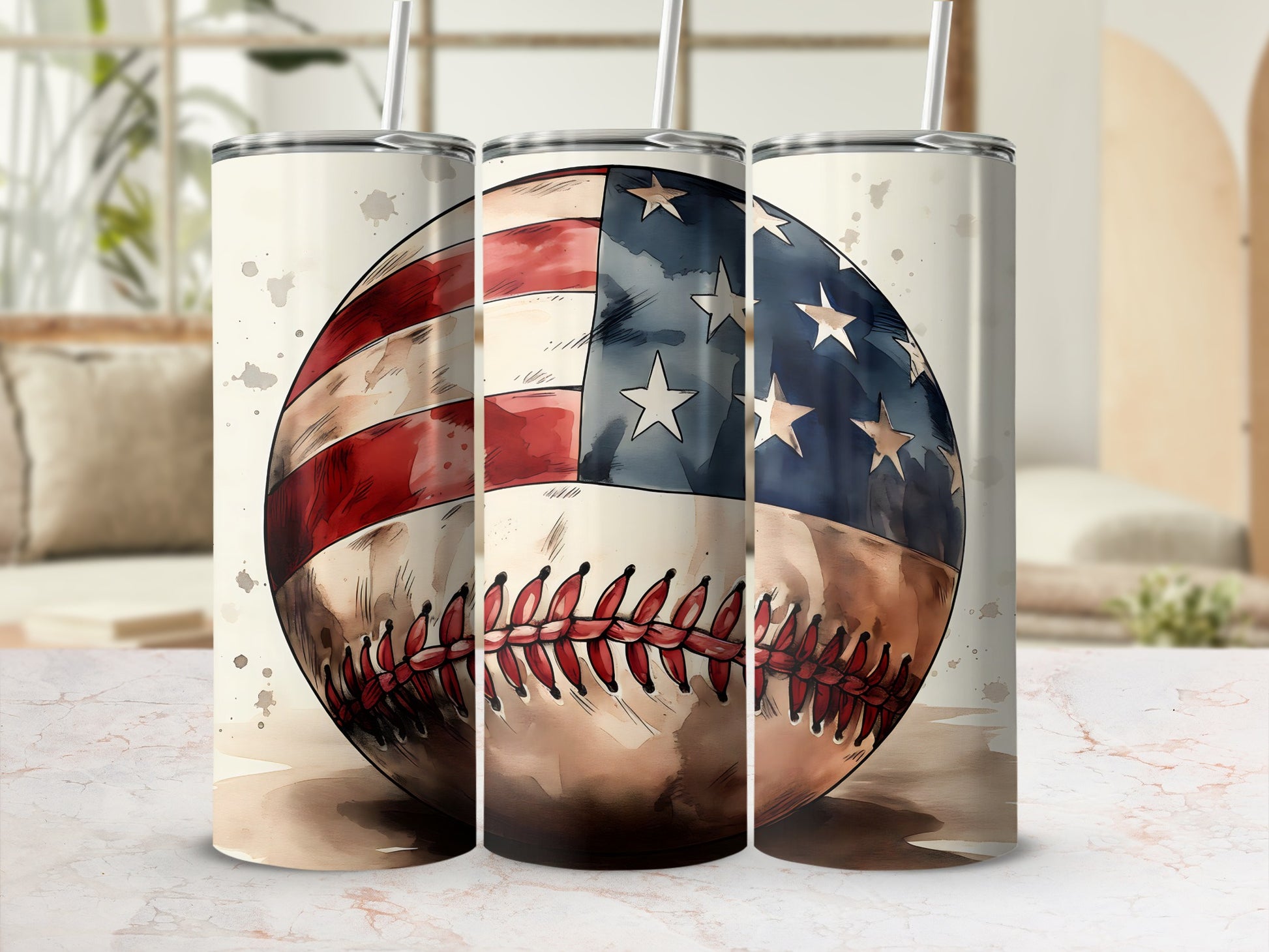 Tumbler with American flag baseball design.