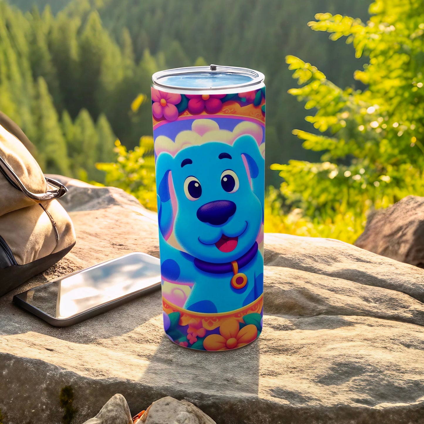 Blue Dog with Flowers Design Travel Tumbler Cup