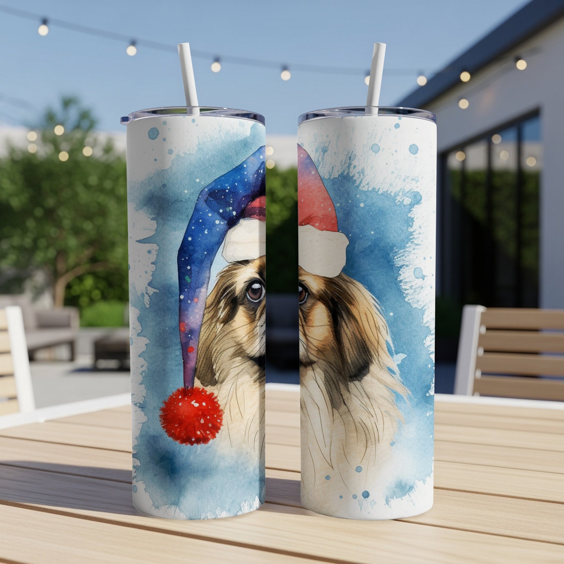 Watercolor shih tzu wearing Santa hat on skinny tumbler.