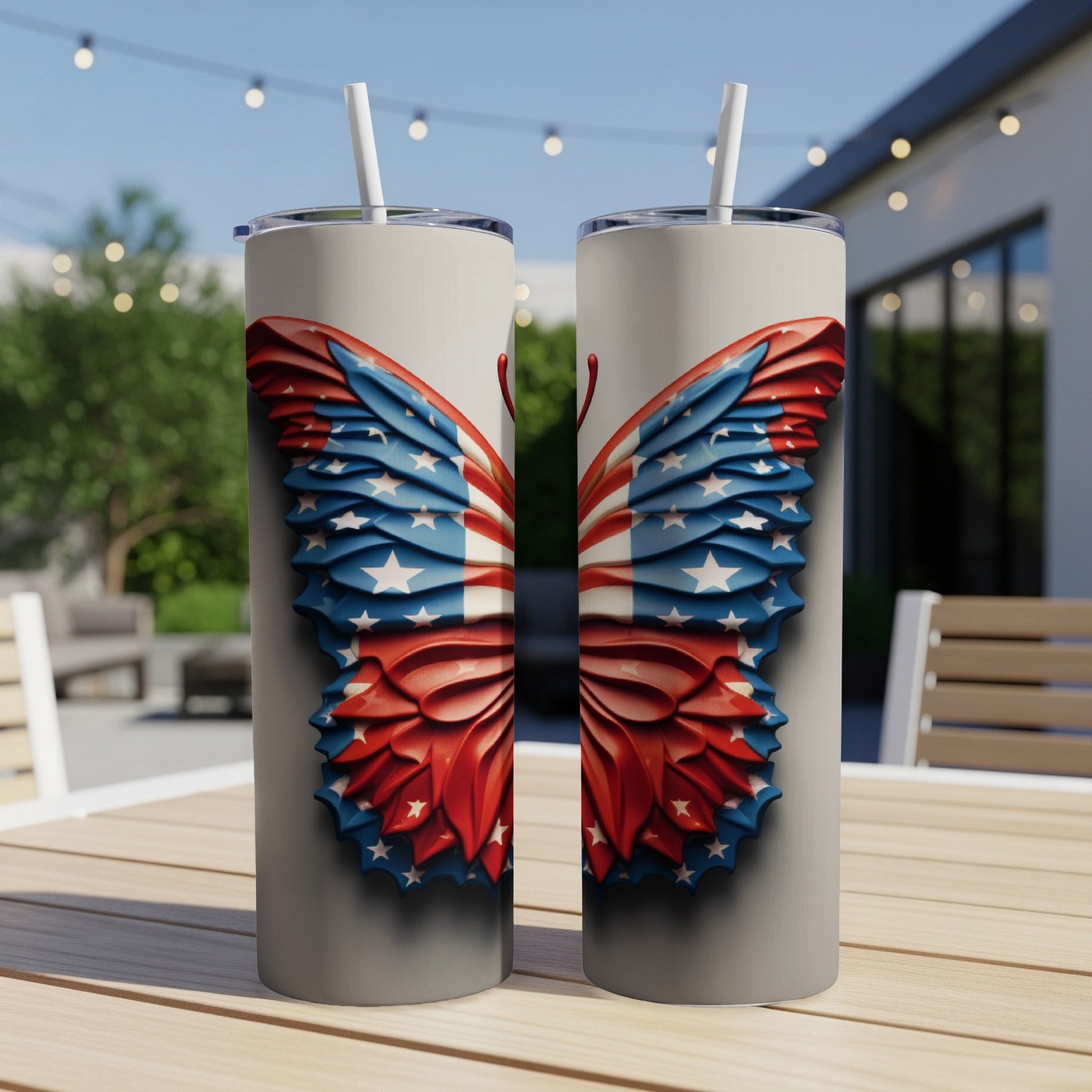 Two tumblers with American flag butterfly wings design.