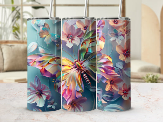Two seamless sublimation tumbler wraps featuring a colorful butterfly and floral design.