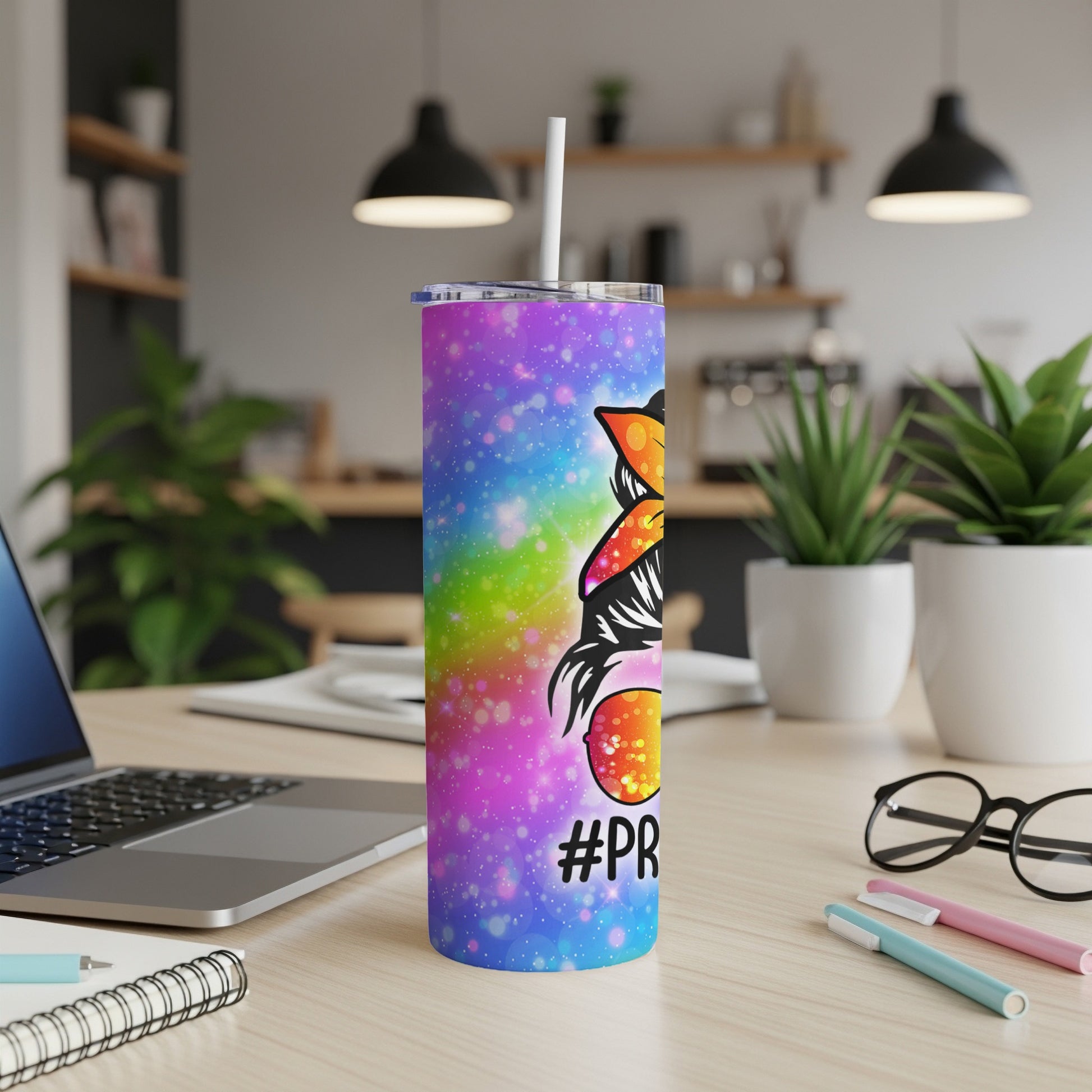 Colorful galaxy tumbler with a messy bun woman and "#Pride" text.