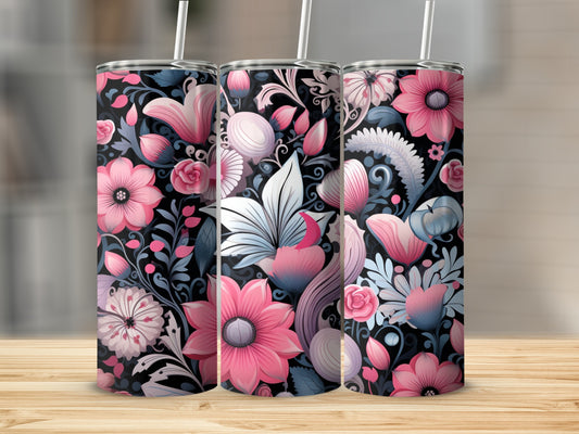Pink and Black Floral Tumbler Design for Stylish Drinkware
