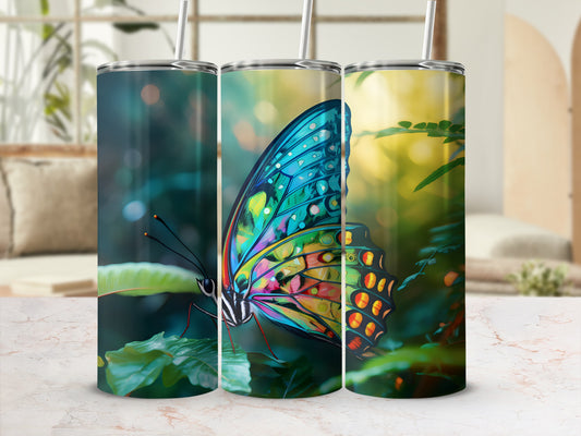 Colorful butterfly on tumbler with blurred nature background.