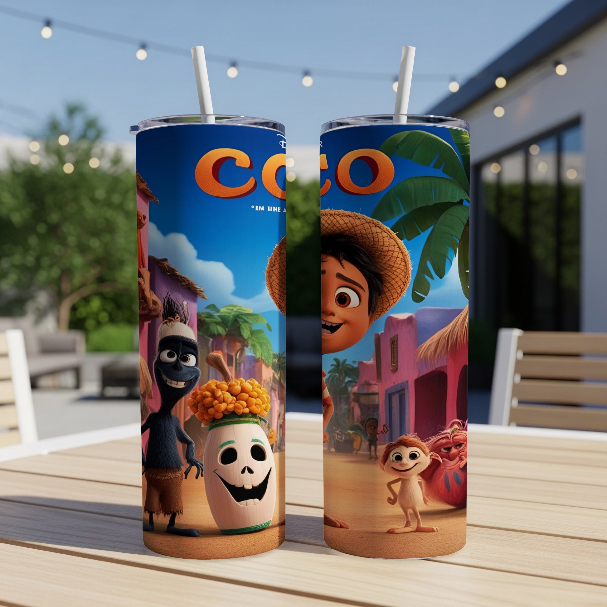Coco movie characters Miguel, Hector, and Dante on a tumbler.