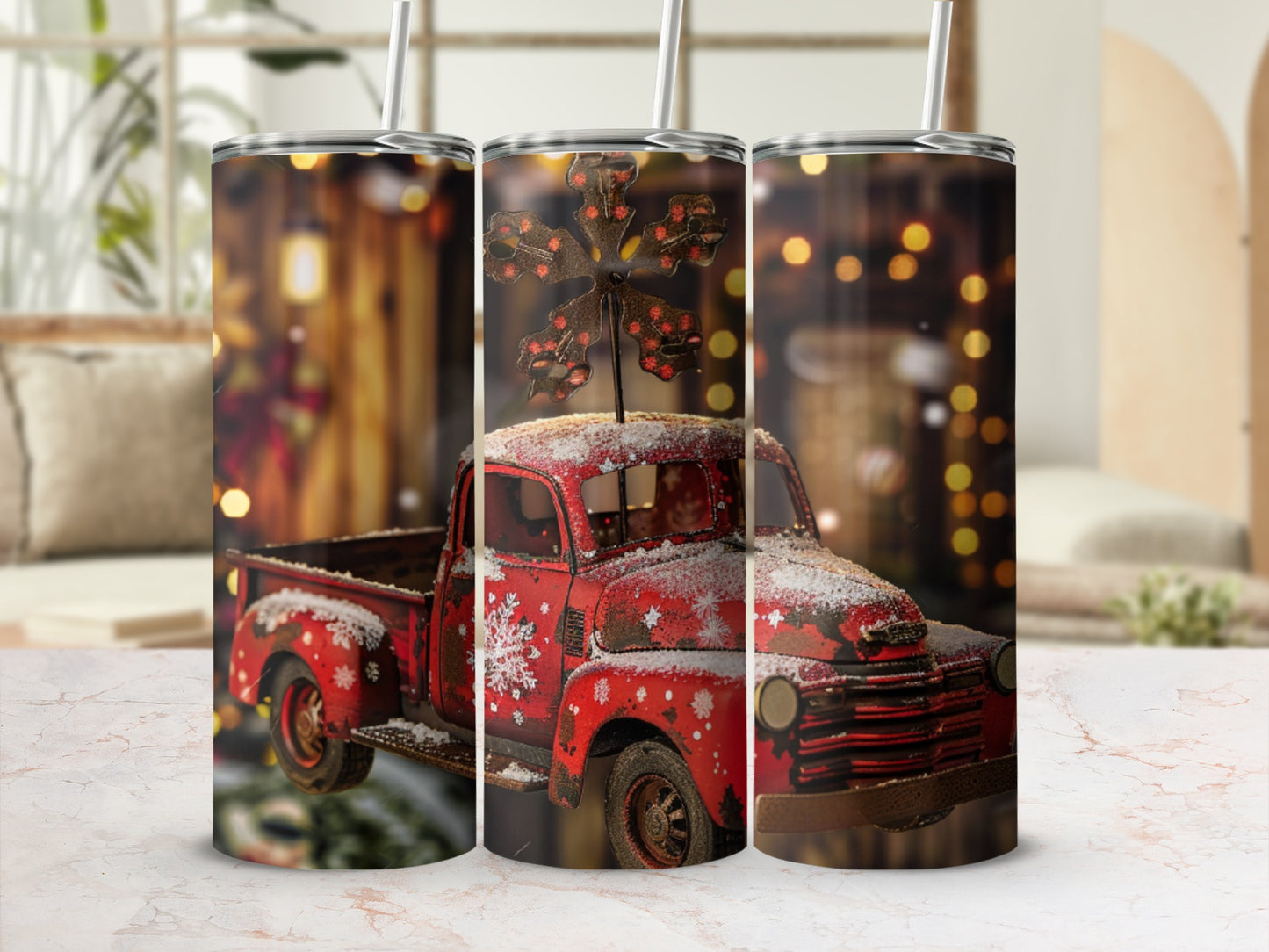 Red vintage truck with snowflakes, tinsel wheel, and bokeh background.