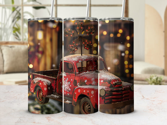 Red vintage truck with snowflakes, tinsel wheel, and bokeh background.