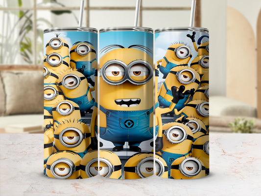 Minions character art on a stainless steel tumbler with straw.