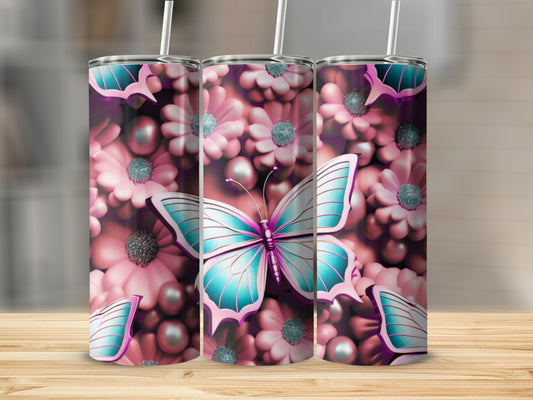 Pink and purple floral tumbler with a bright blue butterfly design.