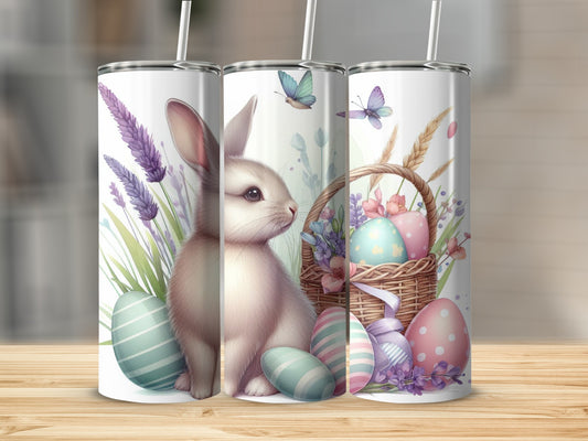 Easter bunny with pastel eggs and lavender on a skinny tumbler.