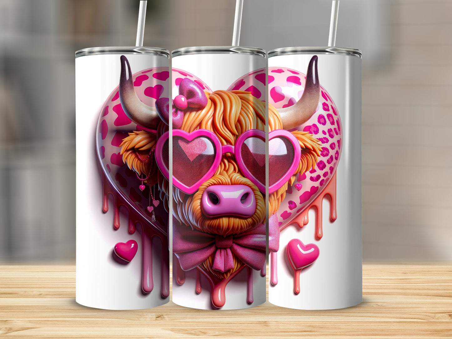 Pink cow with heart sunglasses and bow on a Valentine's Day themed tumbler.