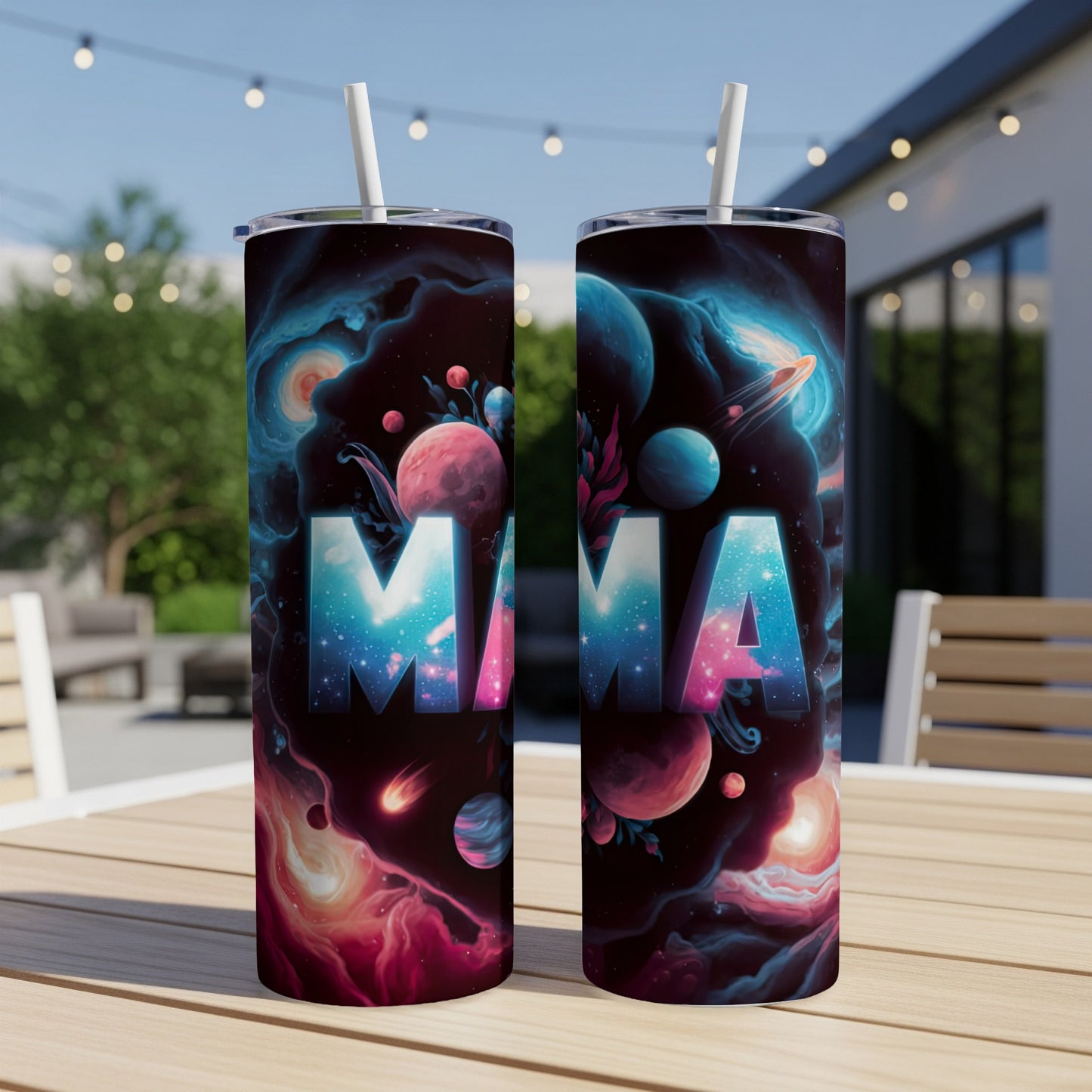 Two tumblers with "MAMA" in a cosmic galaxy design.