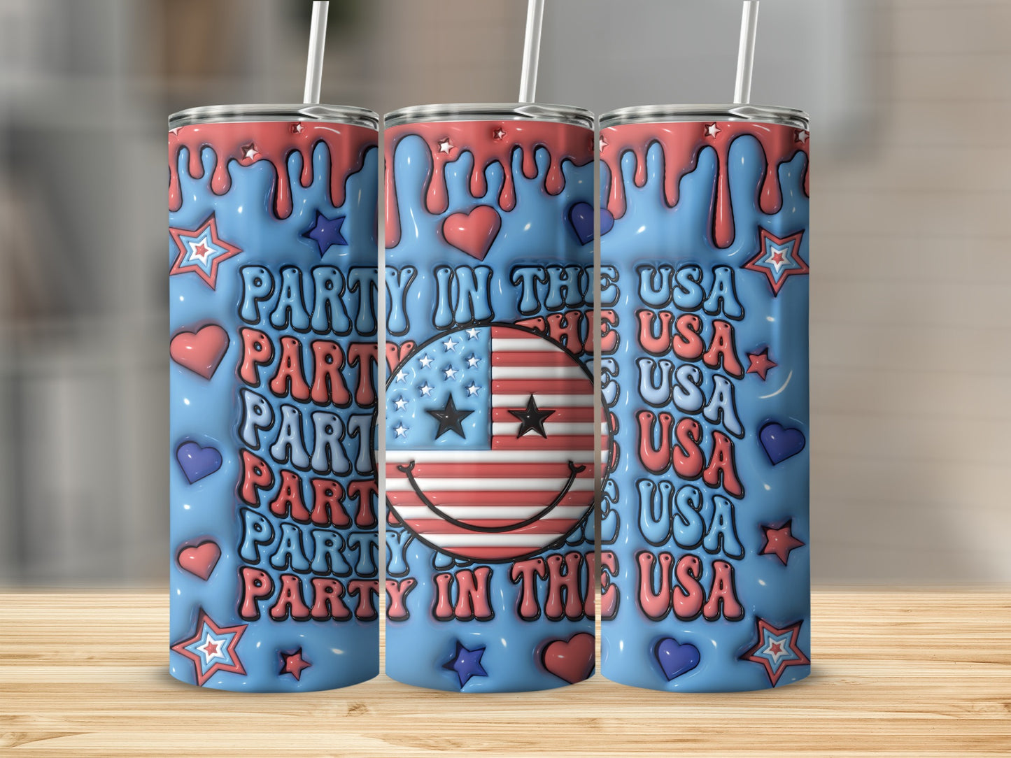 Three tumblers with "Party in the USA" and American flag smiley face design.