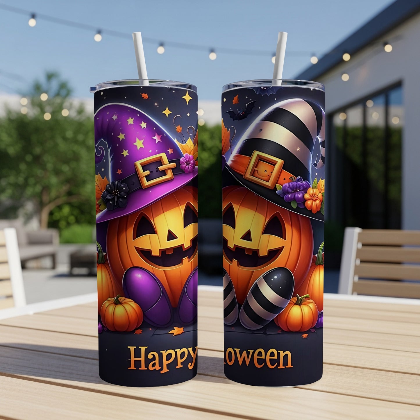 Two Halloween-themed tumblers with smiling jack-o'-lanterns and striped witch hats.