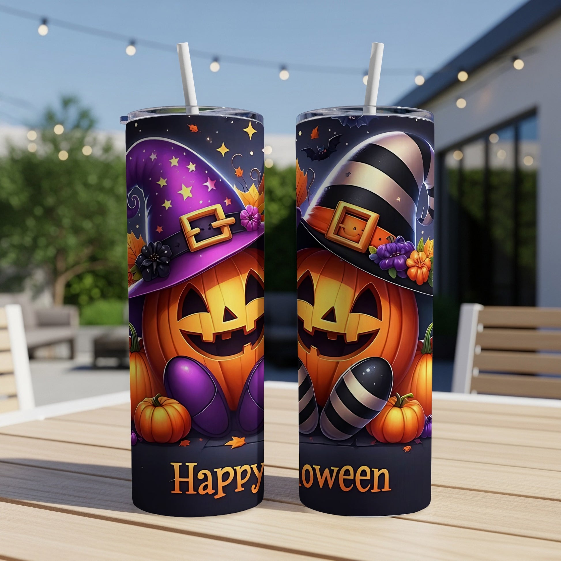 Two Halloween-themed tumblers with smiling jack-o'-lanterns and striped witch hats.