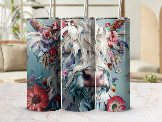 Highland cow with floral crown and colorful flowers.