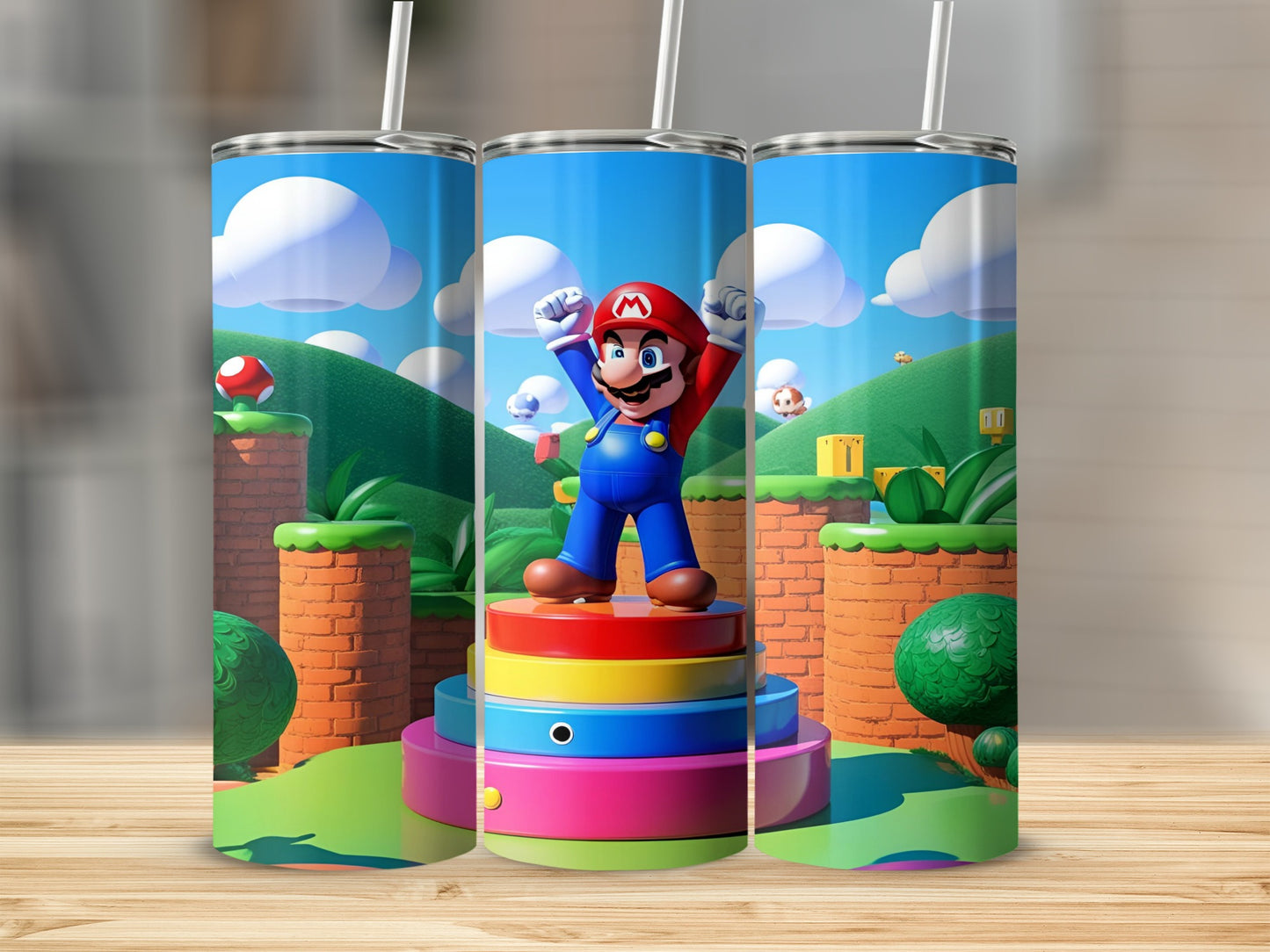 Super Mario character standing on rainbow blocks in a video game landscape.