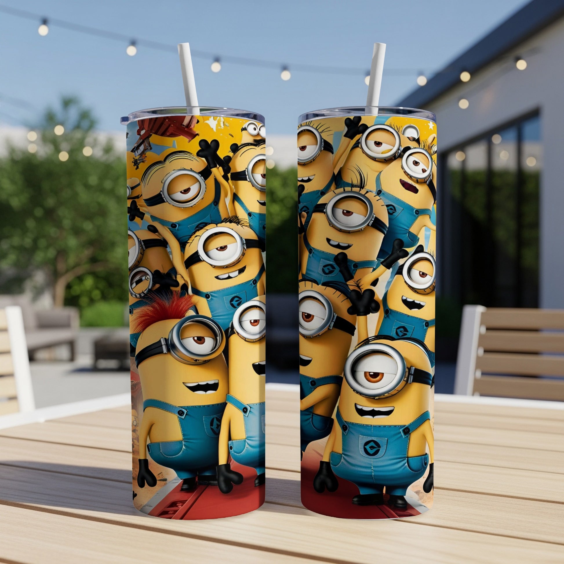 Minions characters in blue overalls on yellow cylindrical tumblers.