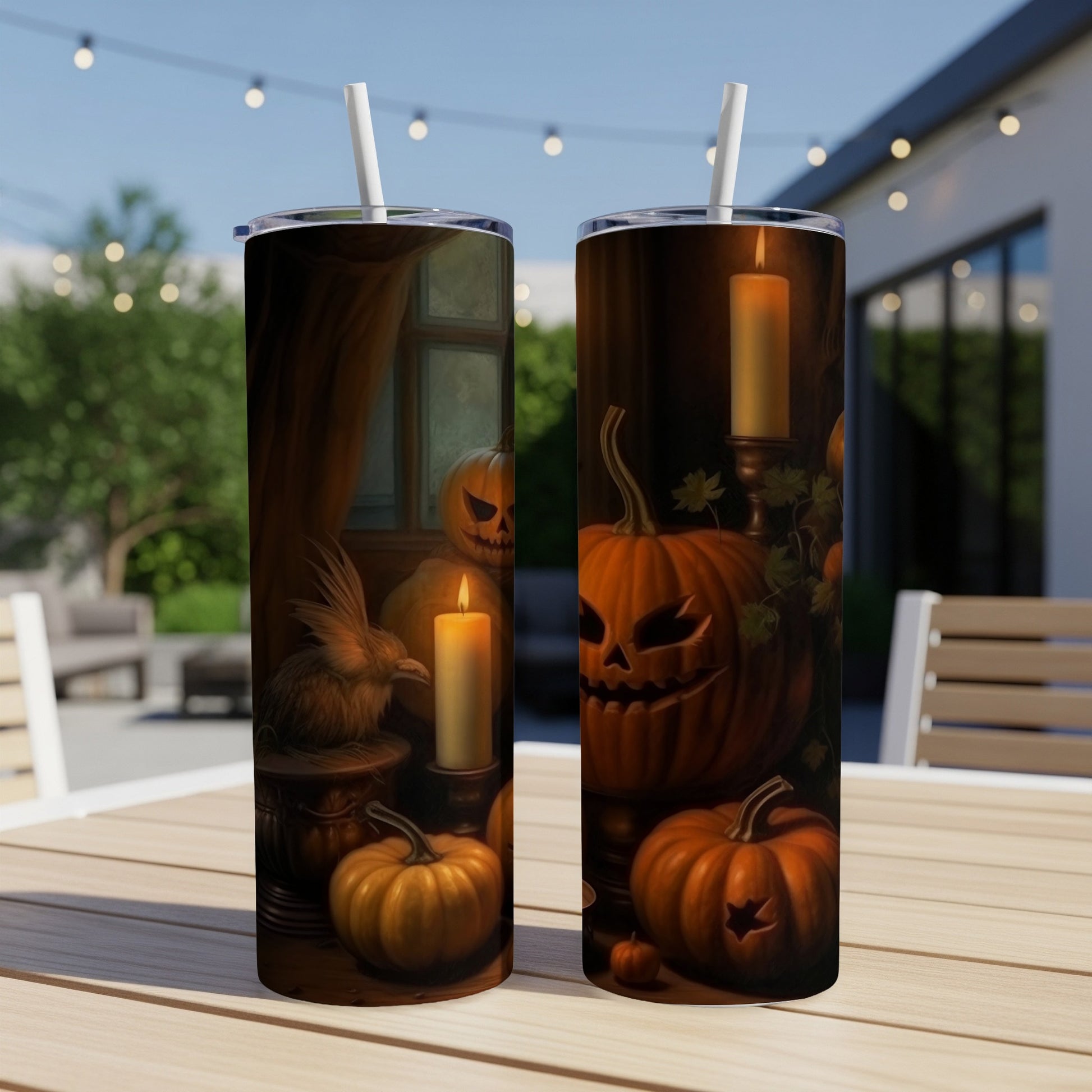 Two tumblers featuring carved pumpkins and a bird on a table with outdoor background.
