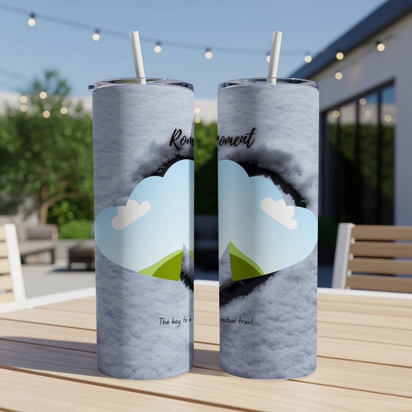 Two tumblers with a fuzzy gray design, featuring hearts with sky and grass, and text.