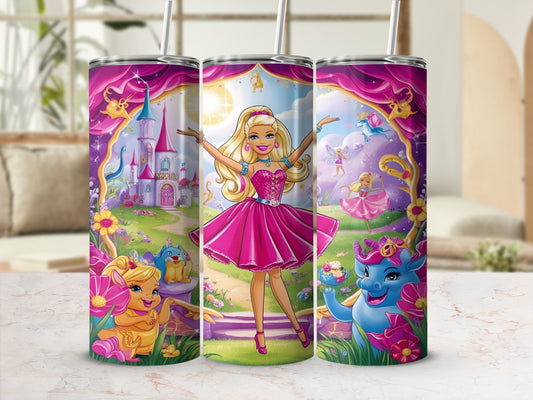 Barbie in a pink dress in a fairytale castle landscape with unicorns and flowers.