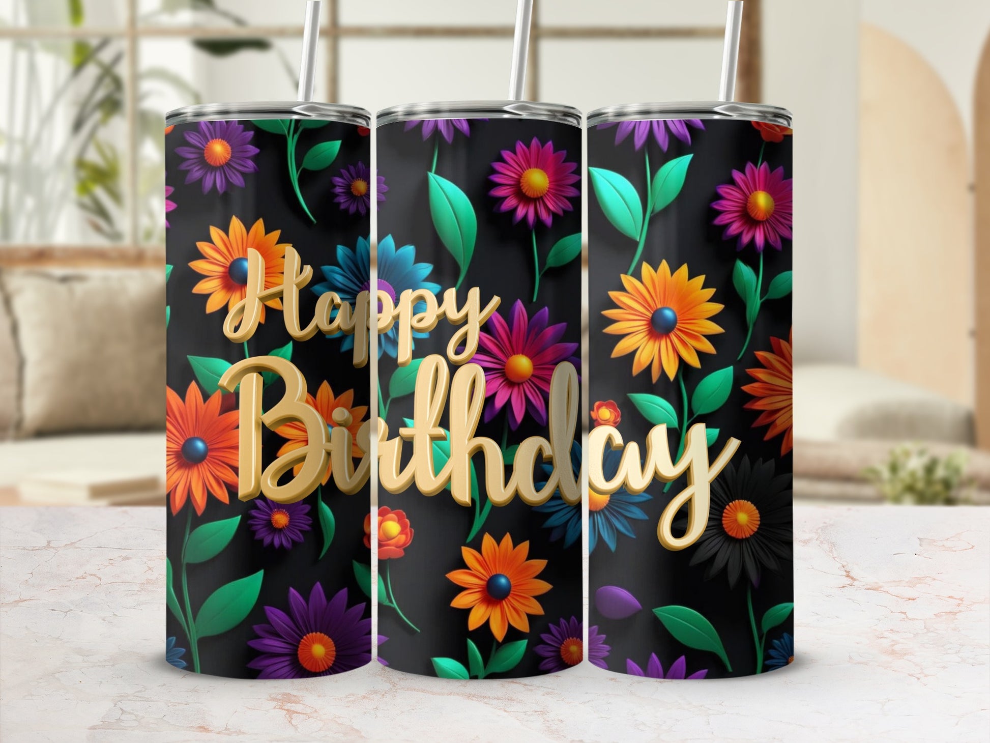 Black tumbler with colorful floral pattern and gold "Happy Birthday" text.