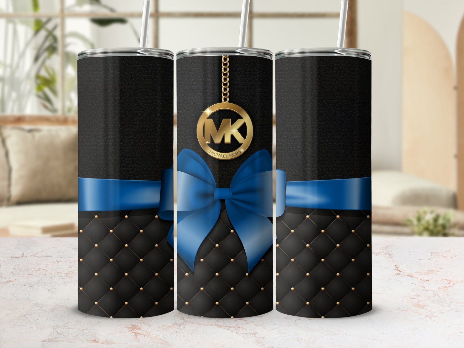 Elegant Black Tumbler With Blue Bow Design With MK Logo