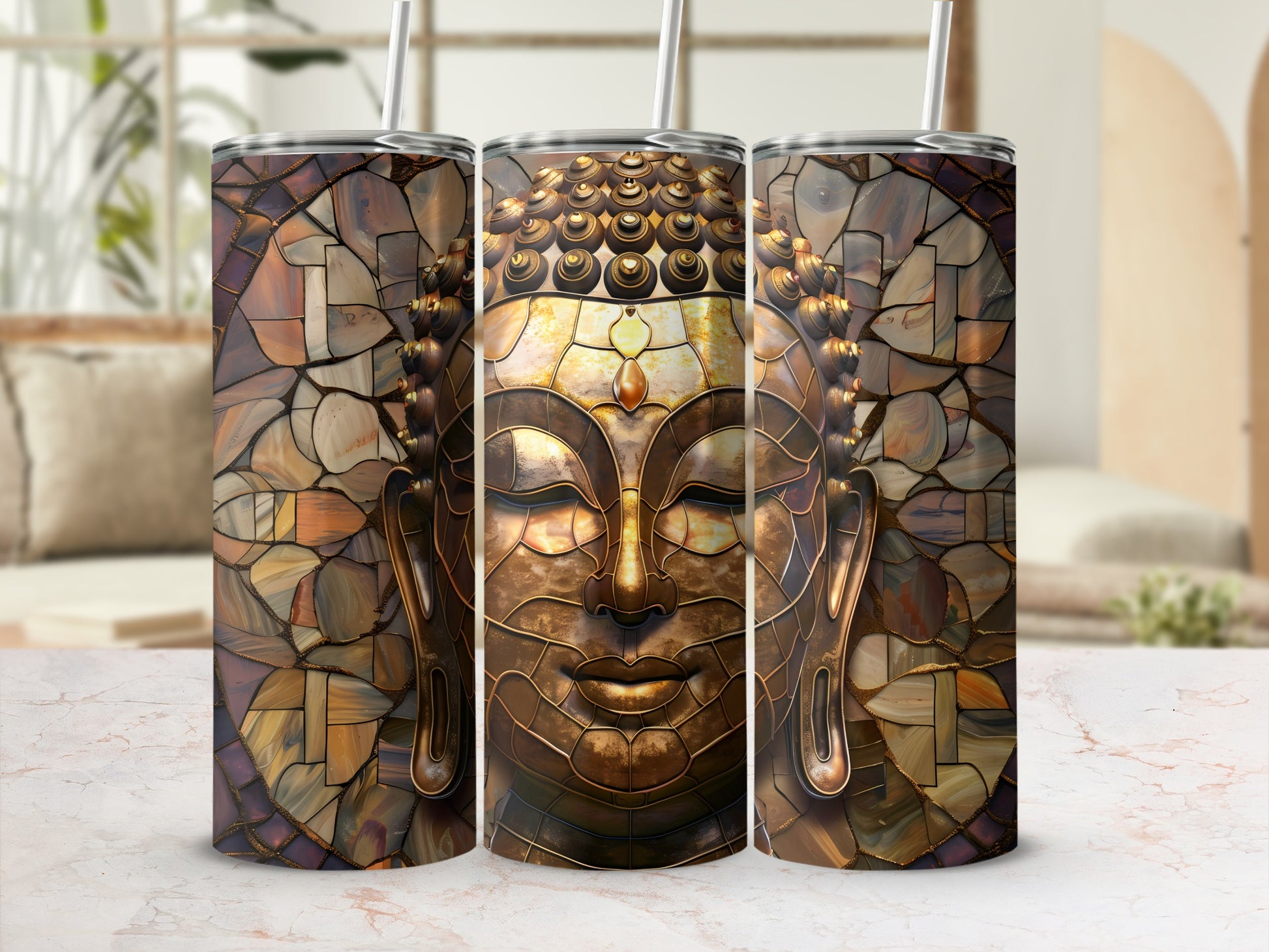 Three tumblers with a stained-glass Buddha face design.