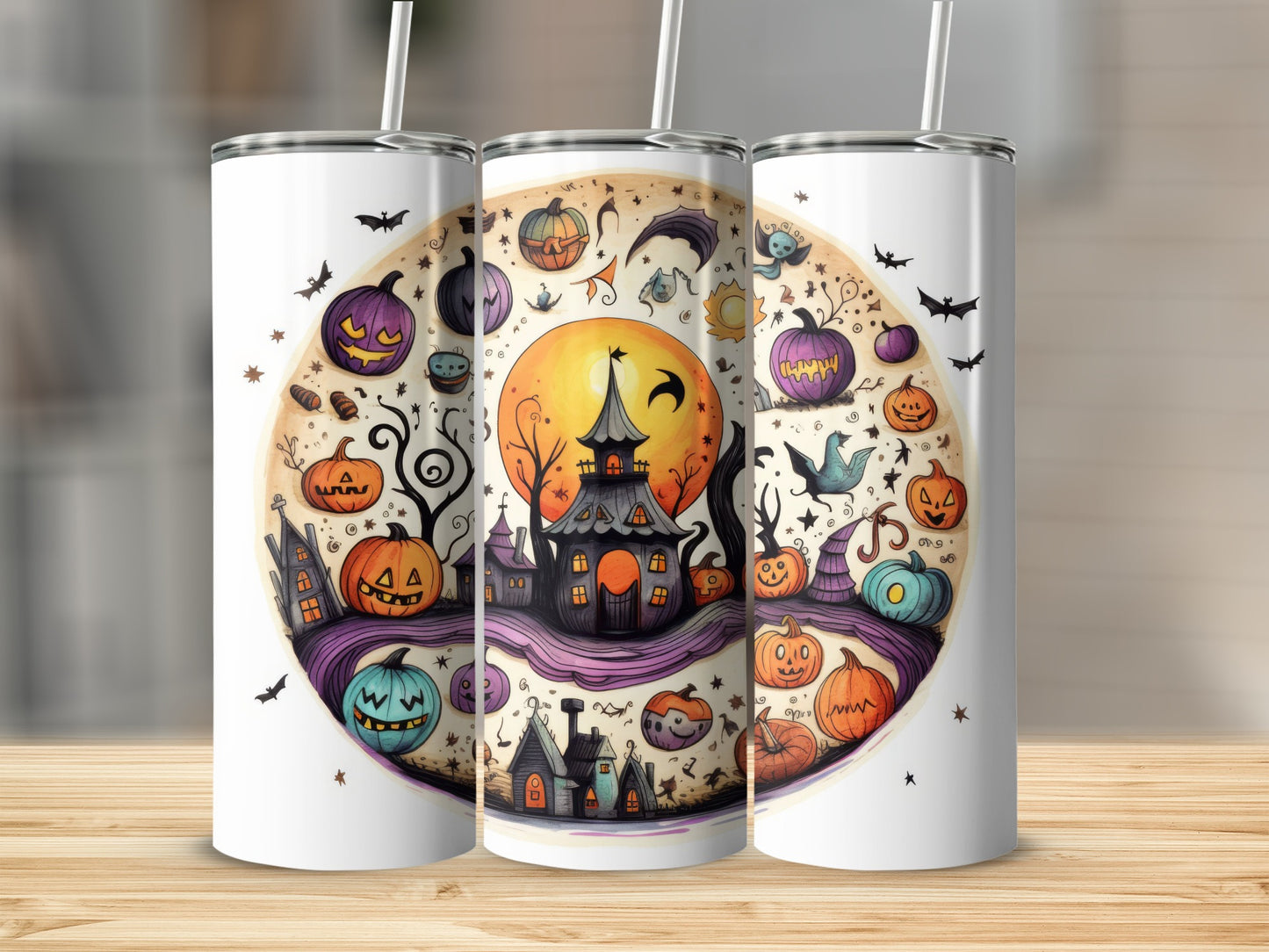 White tumblers with a circular Halloween design featuring pumpkins, haunted houses, and bats.