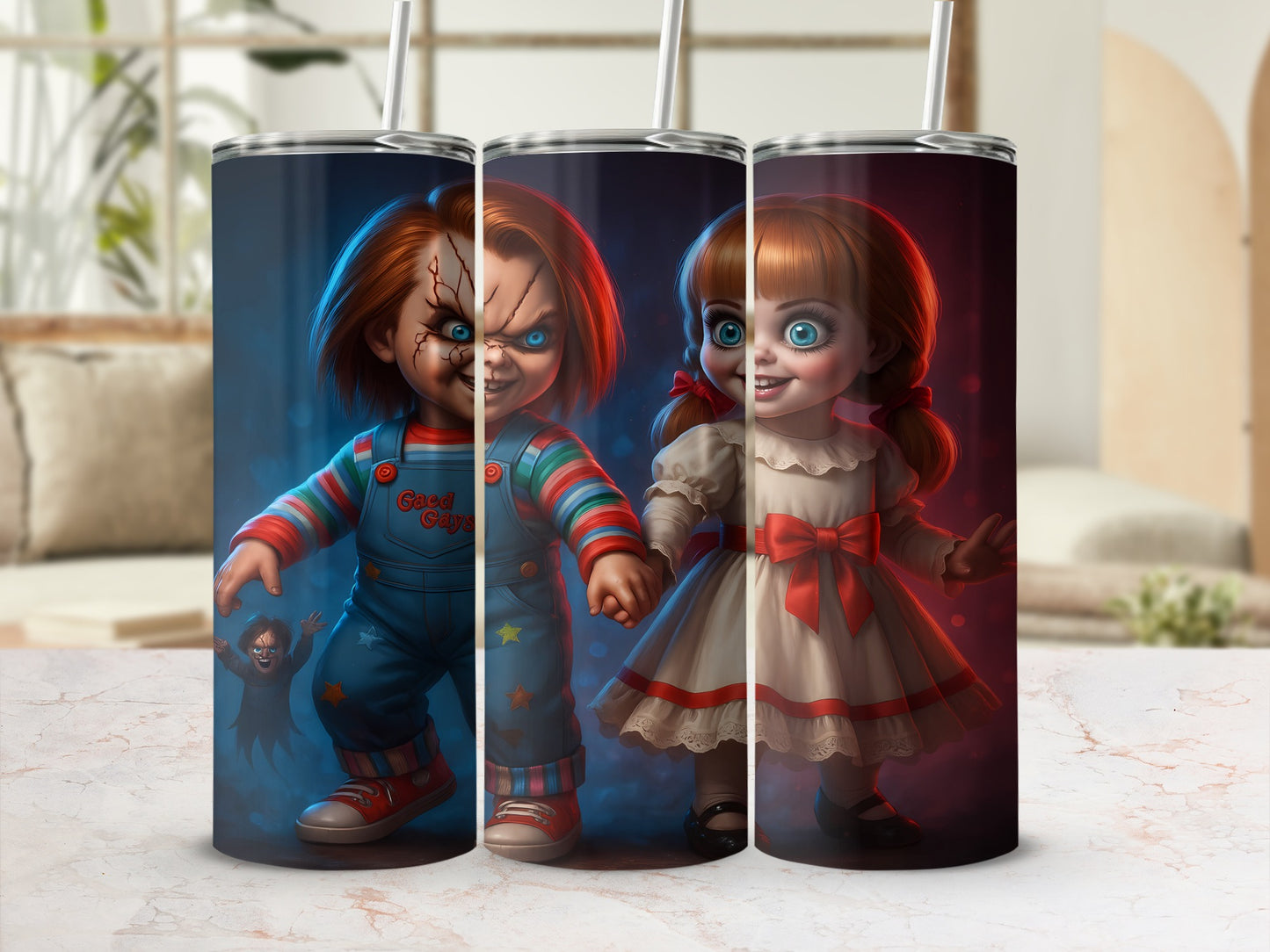 Chucky and Annabelle dolls design on tumblers with straws.