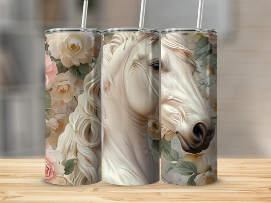 White horse head with floral pattern on three tumblers.