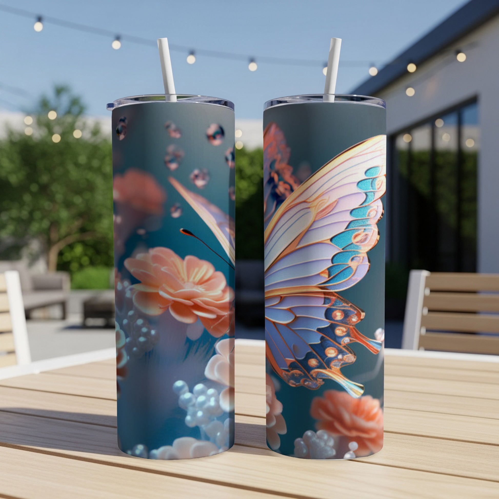 Two tumblers with butterfly and floral design.