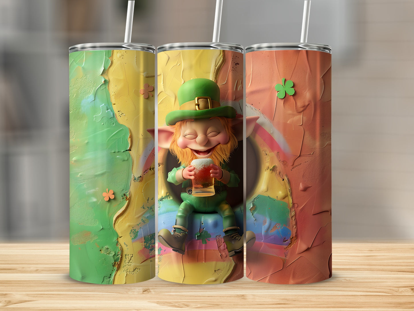 Three Saint Patrick's Day tumblers with colorful painted backgrounds and a leprechaun.