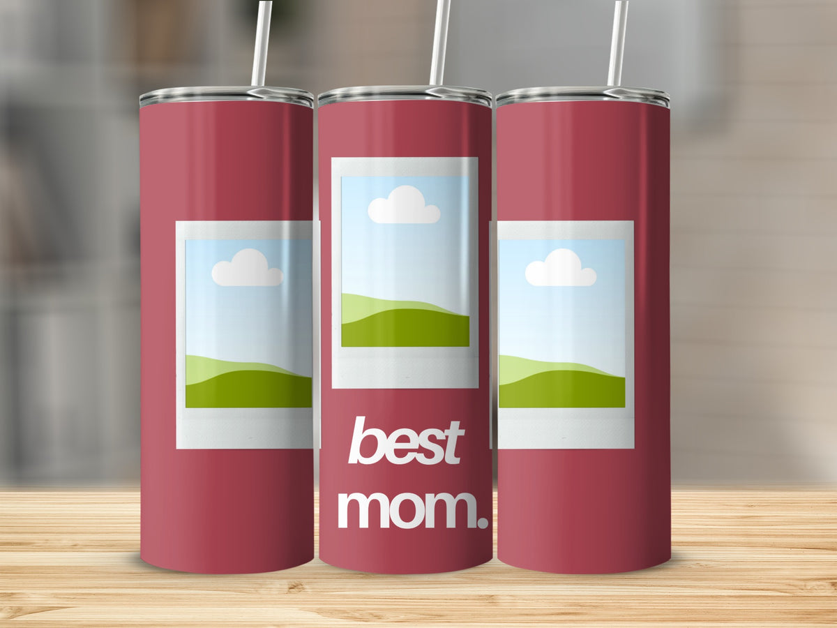 Three pink tumblers with polaroid frames and "best mom" text.
