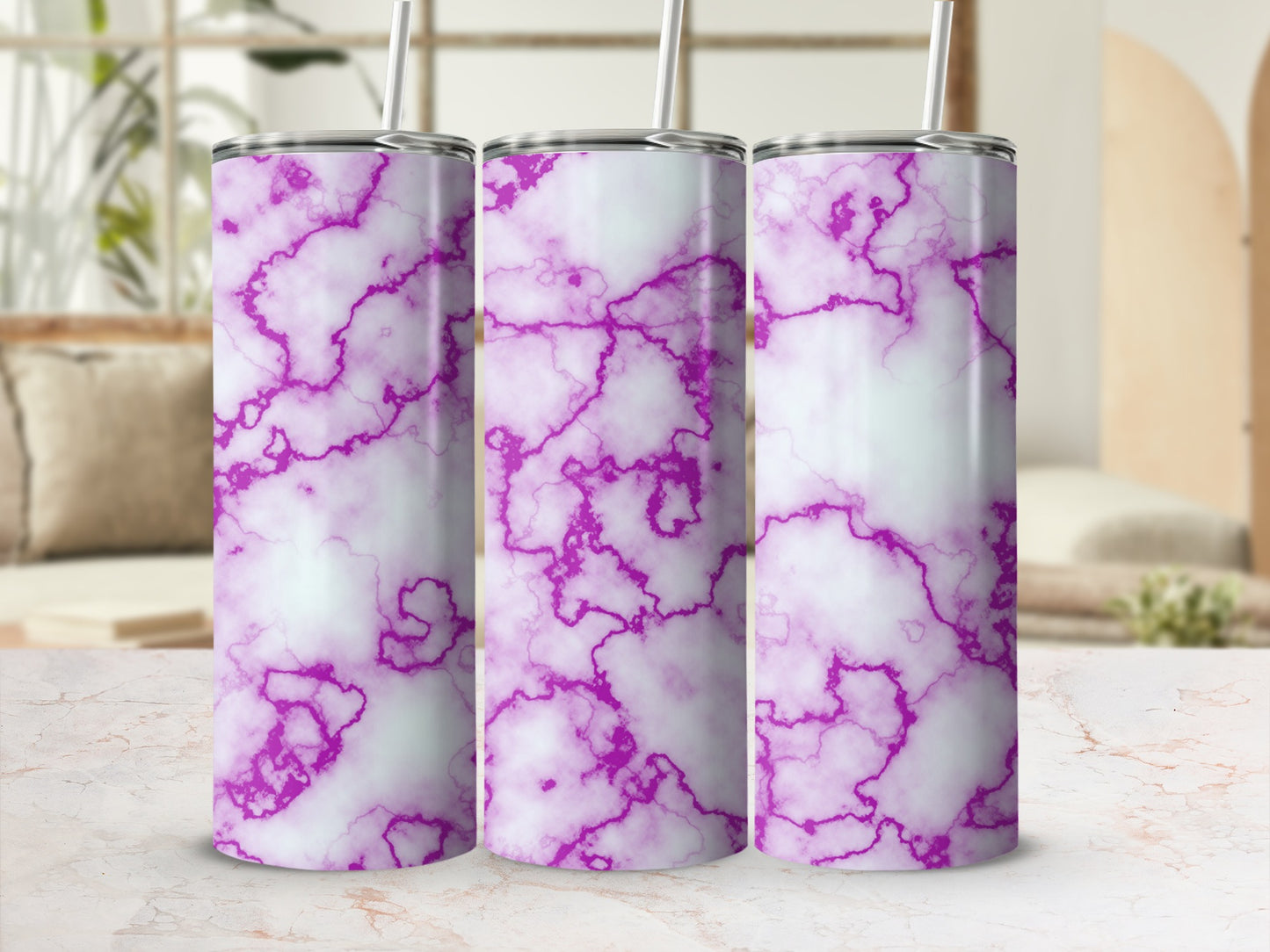 White tumbler with purple marble pattern and straw.