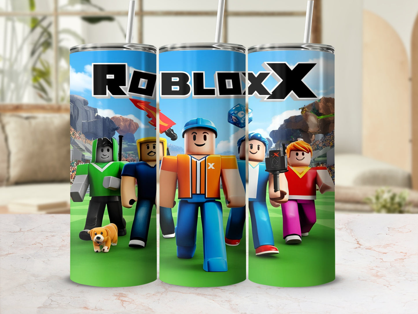 Roblox characters on a tumbler with straws.