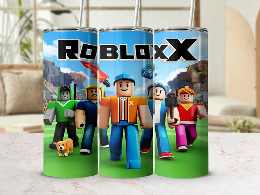 Roblox characters on a tumbler with straws.
