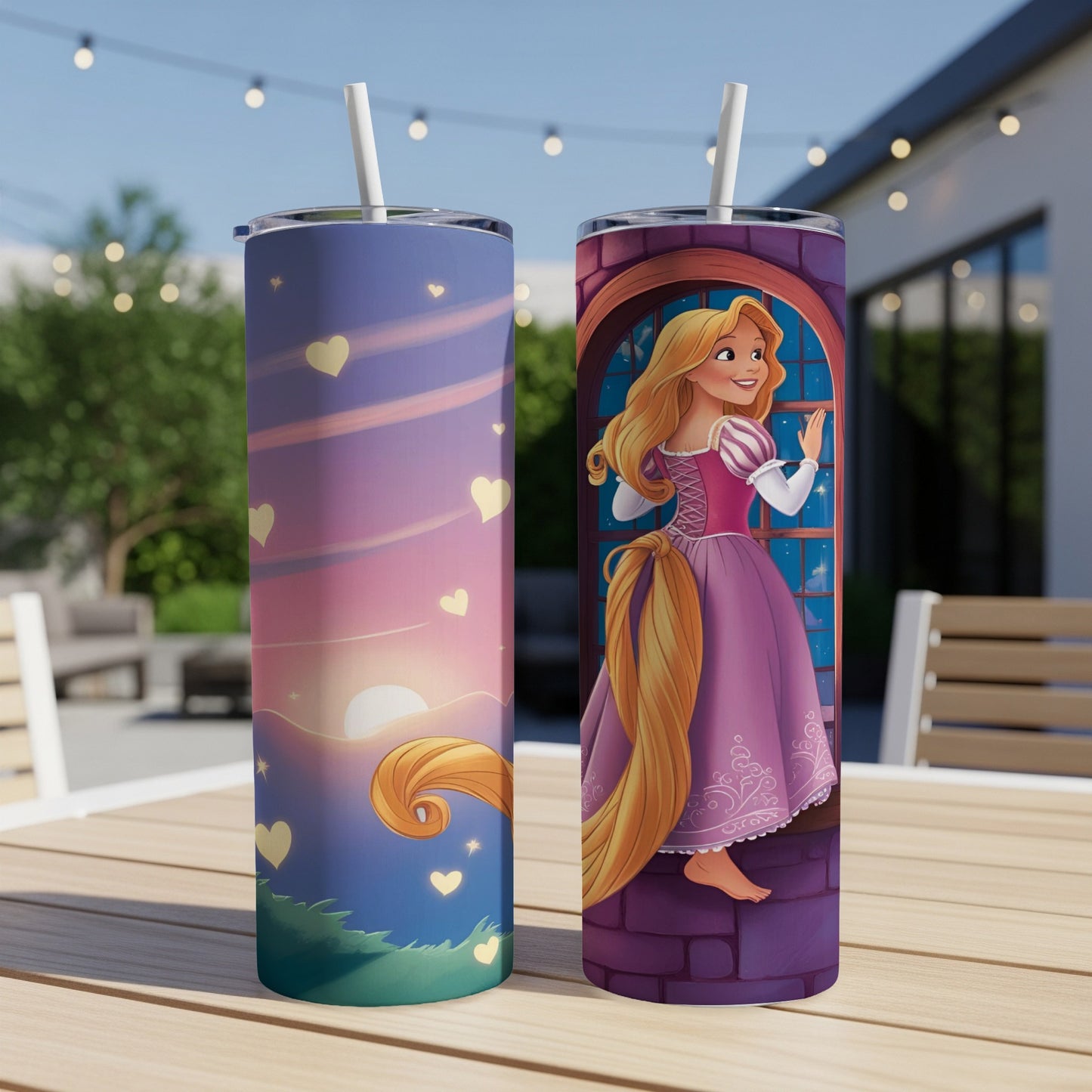 Rapunzel in purple dress and long blonde hair on a castle window.