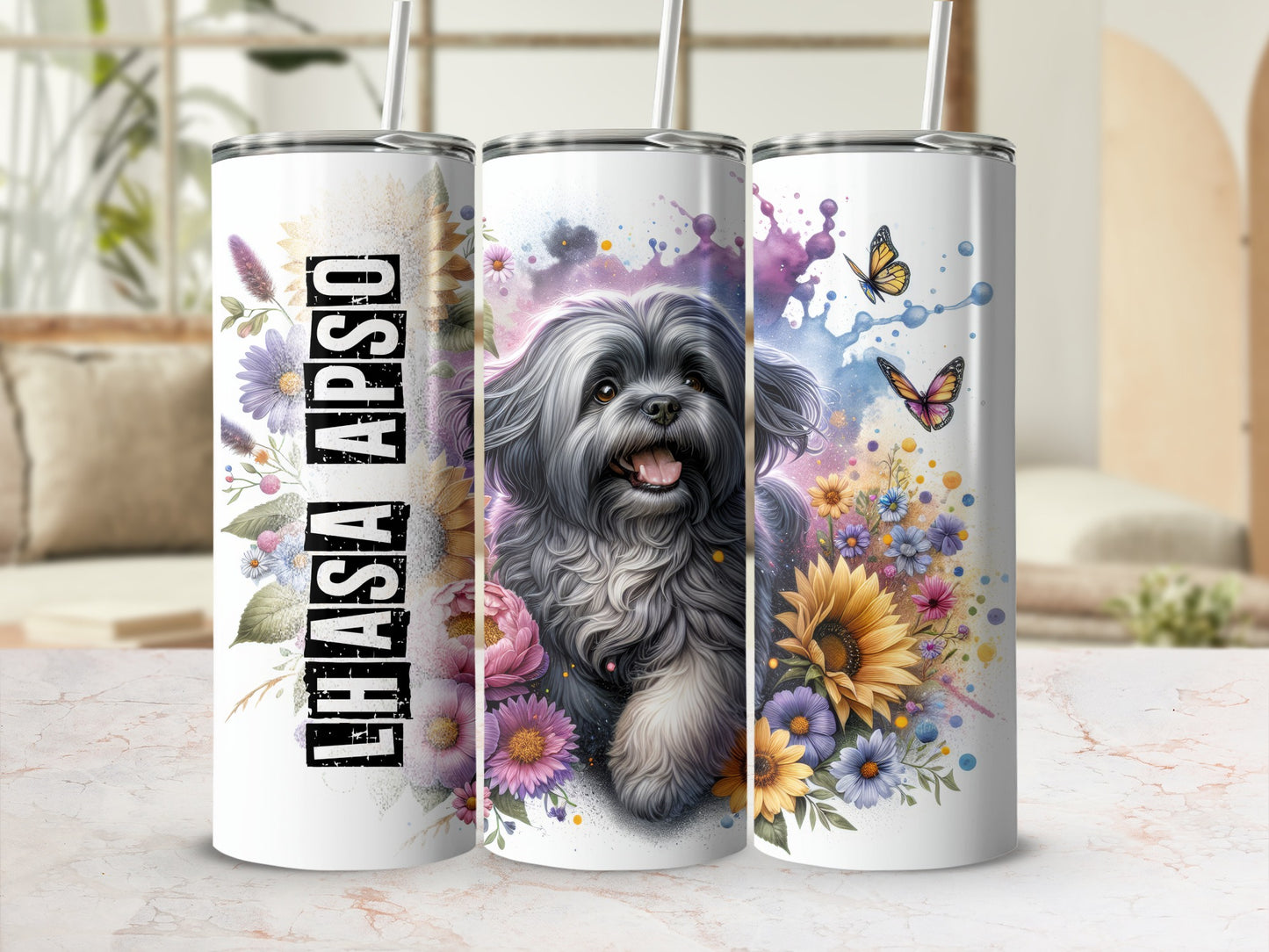 Lhasa Apso tumbler with colorful floral accents and butterflies.