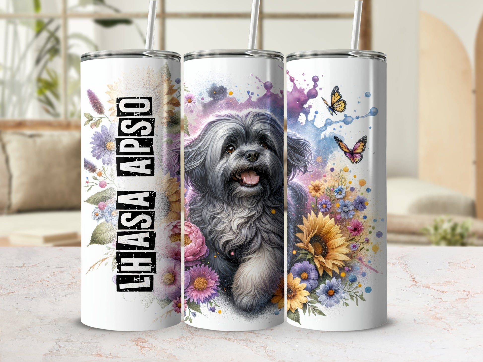 Lhasa Apso tumbler with colorful floral accents and butterflies.