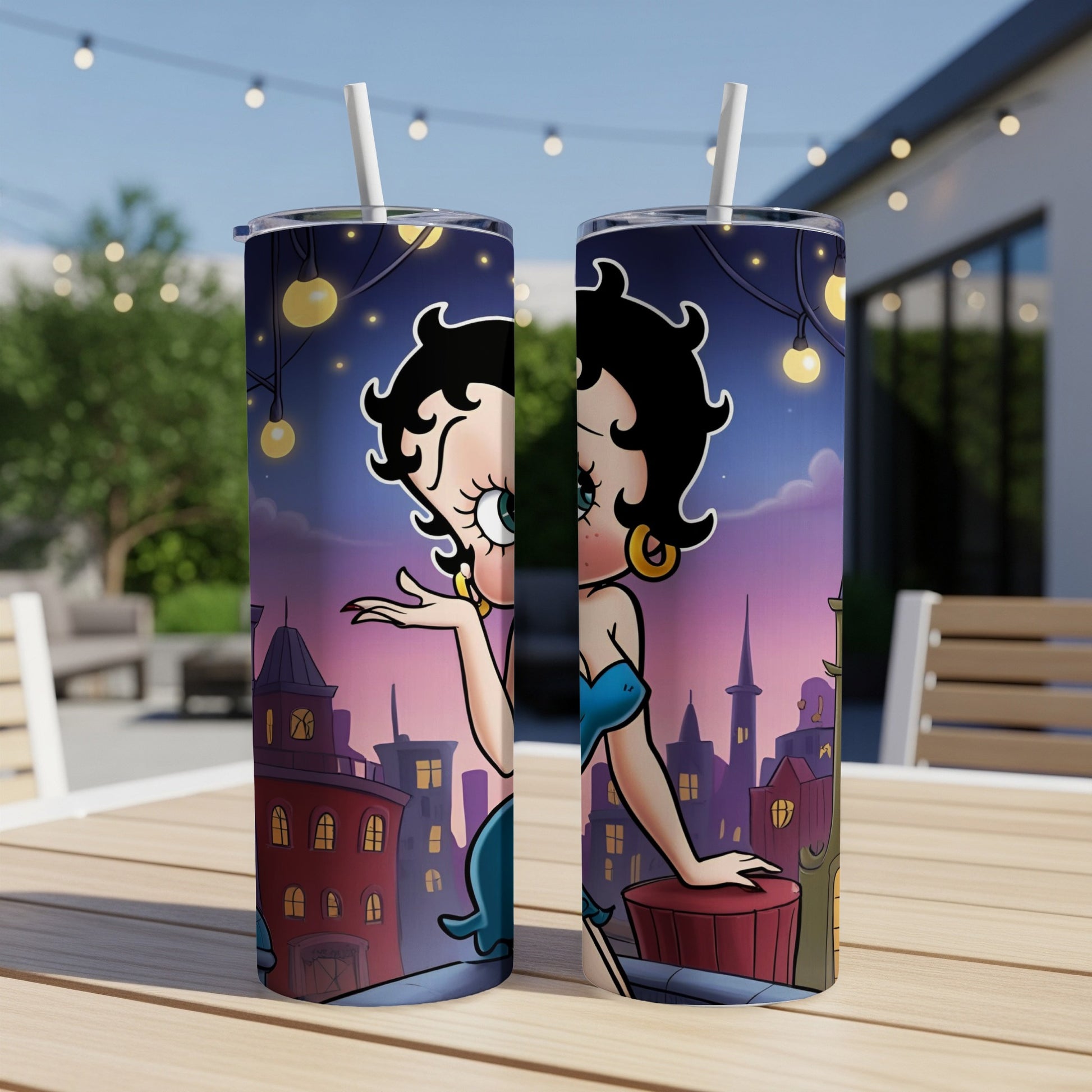 Betty Boop cartoon character on a cityscape background on two tumblers.
